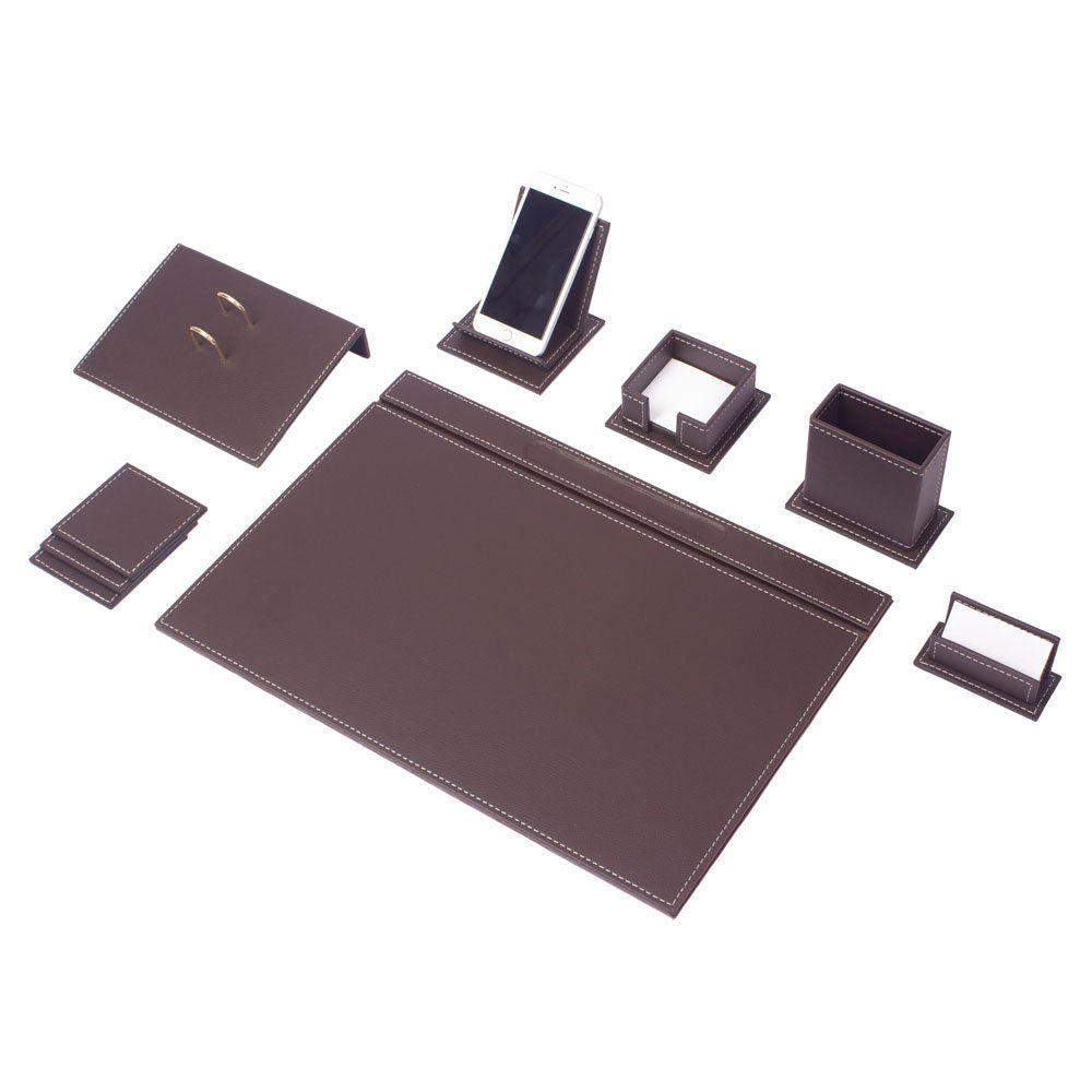 VEGA Leather Desk Set - 9 Accessories - Brown