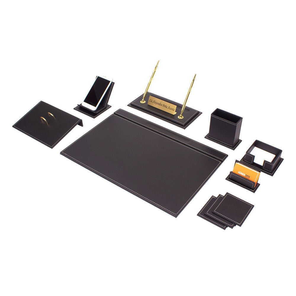 VEGA Leather Desk Set - 12 Accessories - Black