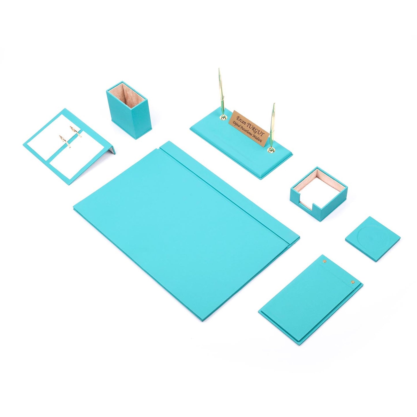 Luna Leather Desk Set 9 Accessories Turquoise