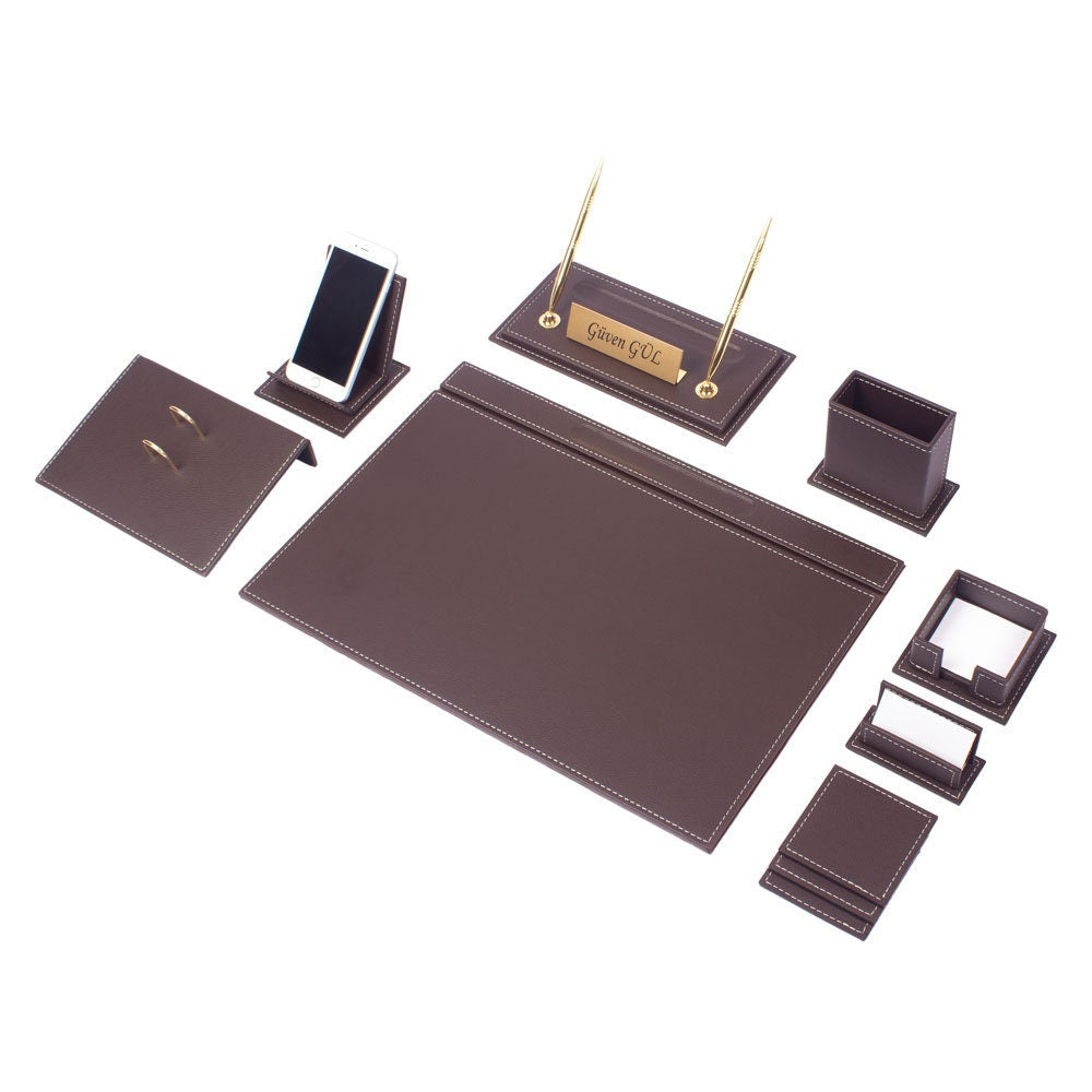 VEGA Leather Desk Set - 12 Accessories - Brown