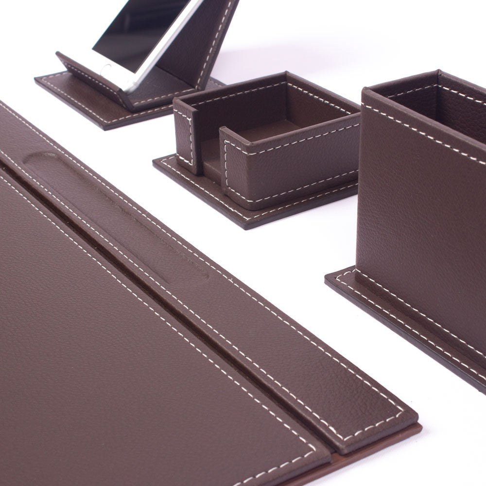 VEGA Leather Desk Set - 4 Accessories - Brown