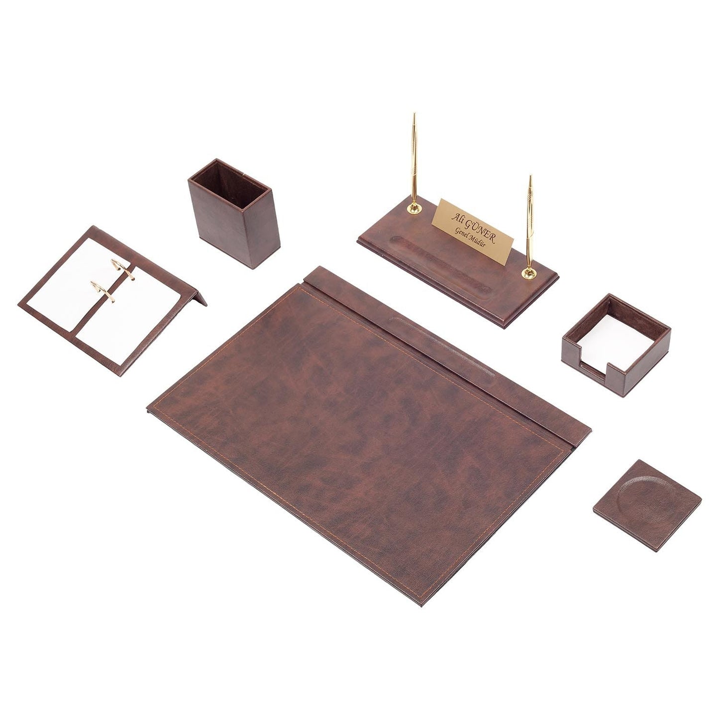 Luna Leather Desk Set 8 Accessories Brown