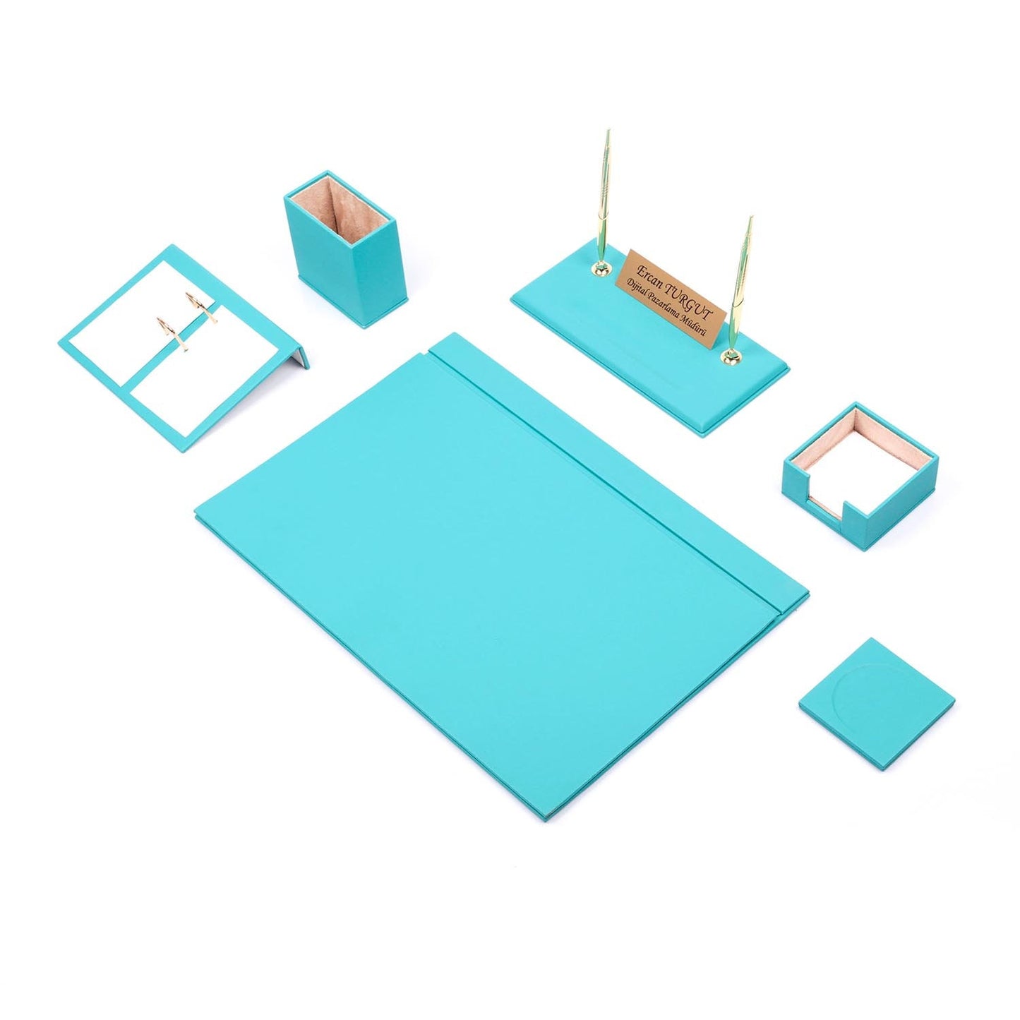 Luna Leather Desk Set 8 Accessories Turquoise
