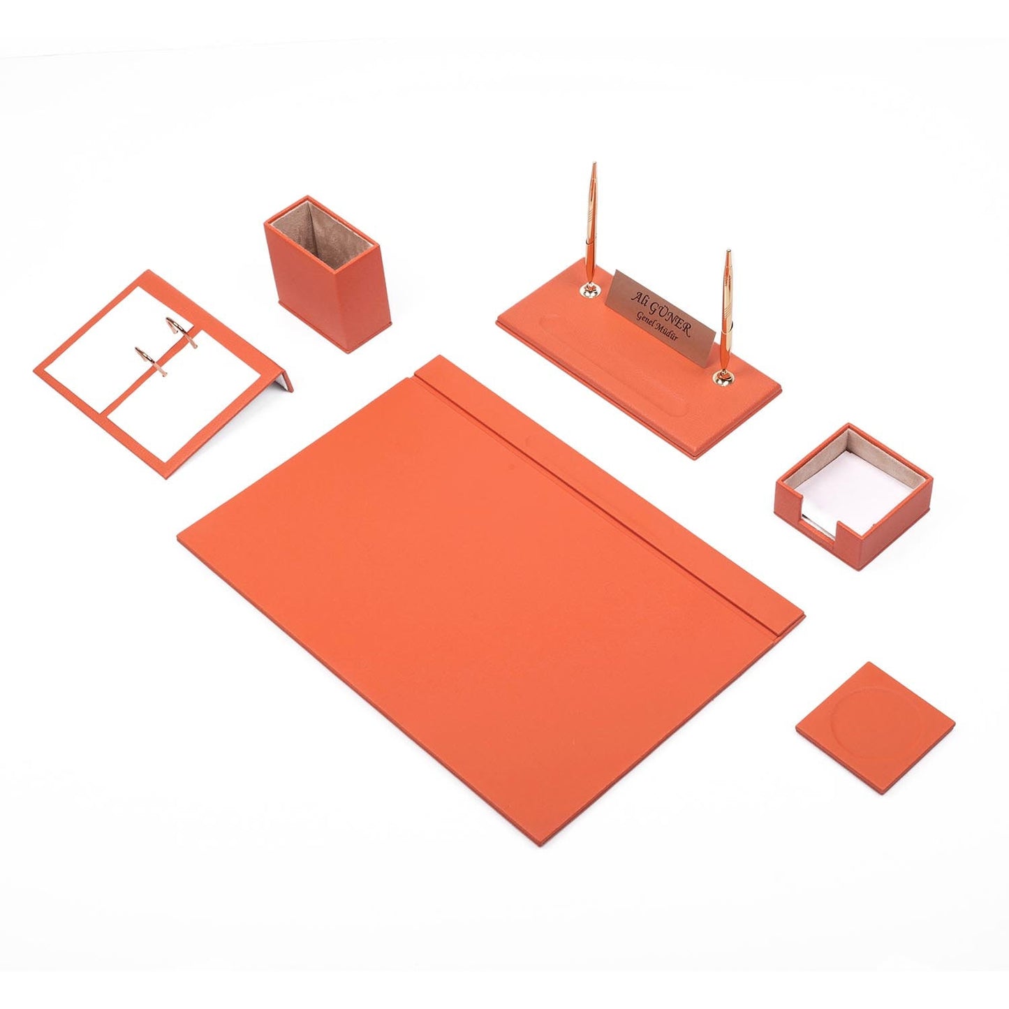 Luna Leather Desk Set 8 Accessories Orange