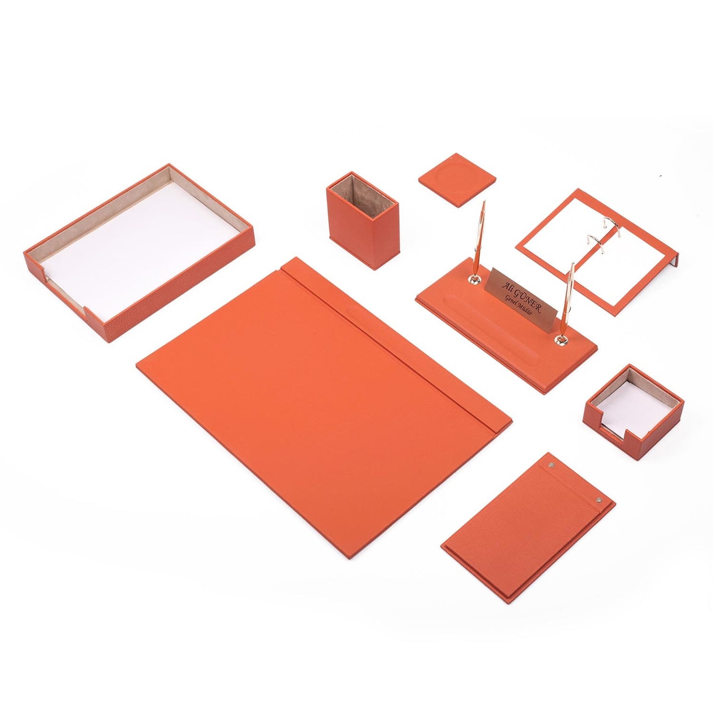 Luna Leather Desk Set 10 Accessories Orange