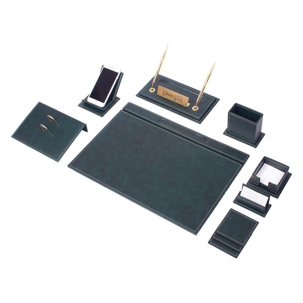 VEGA Leather Desk Set - 12 Accessories - Green