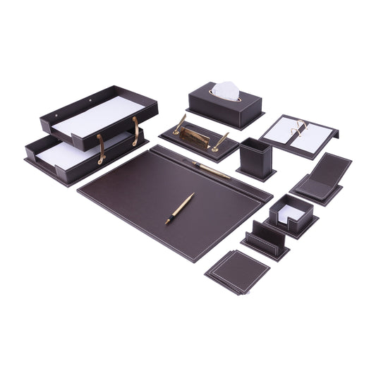 VEGA Leather Desk Set - 14 Accessories - Brown