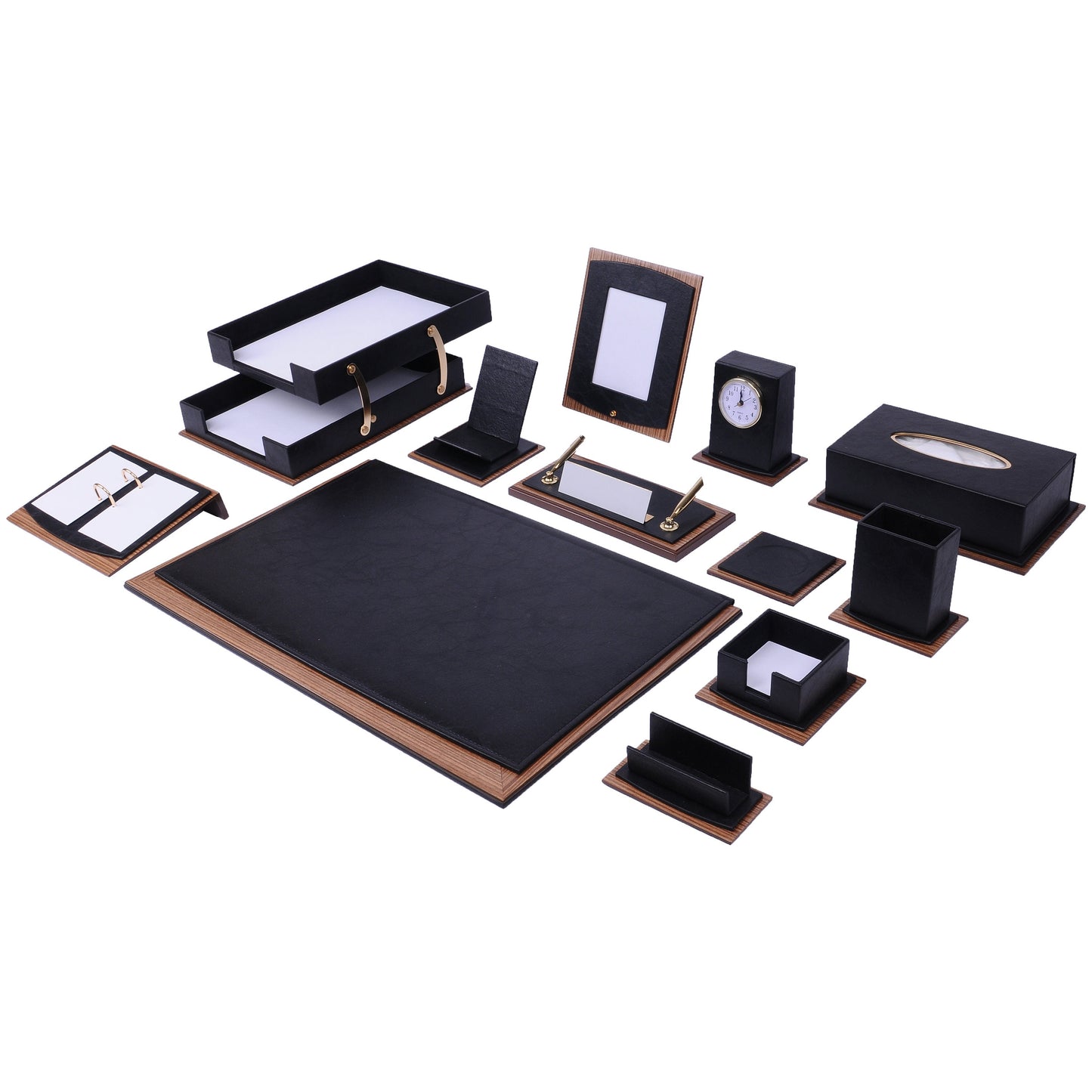Star Luxury Black Leather Desk Set 14 Pieces With Double Document Rack