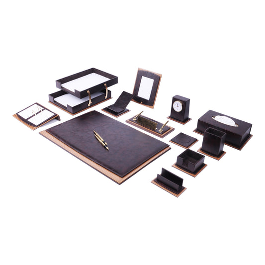 Star Luxury Brown Leather Desk Set 14 Pieces With Double Document Rack