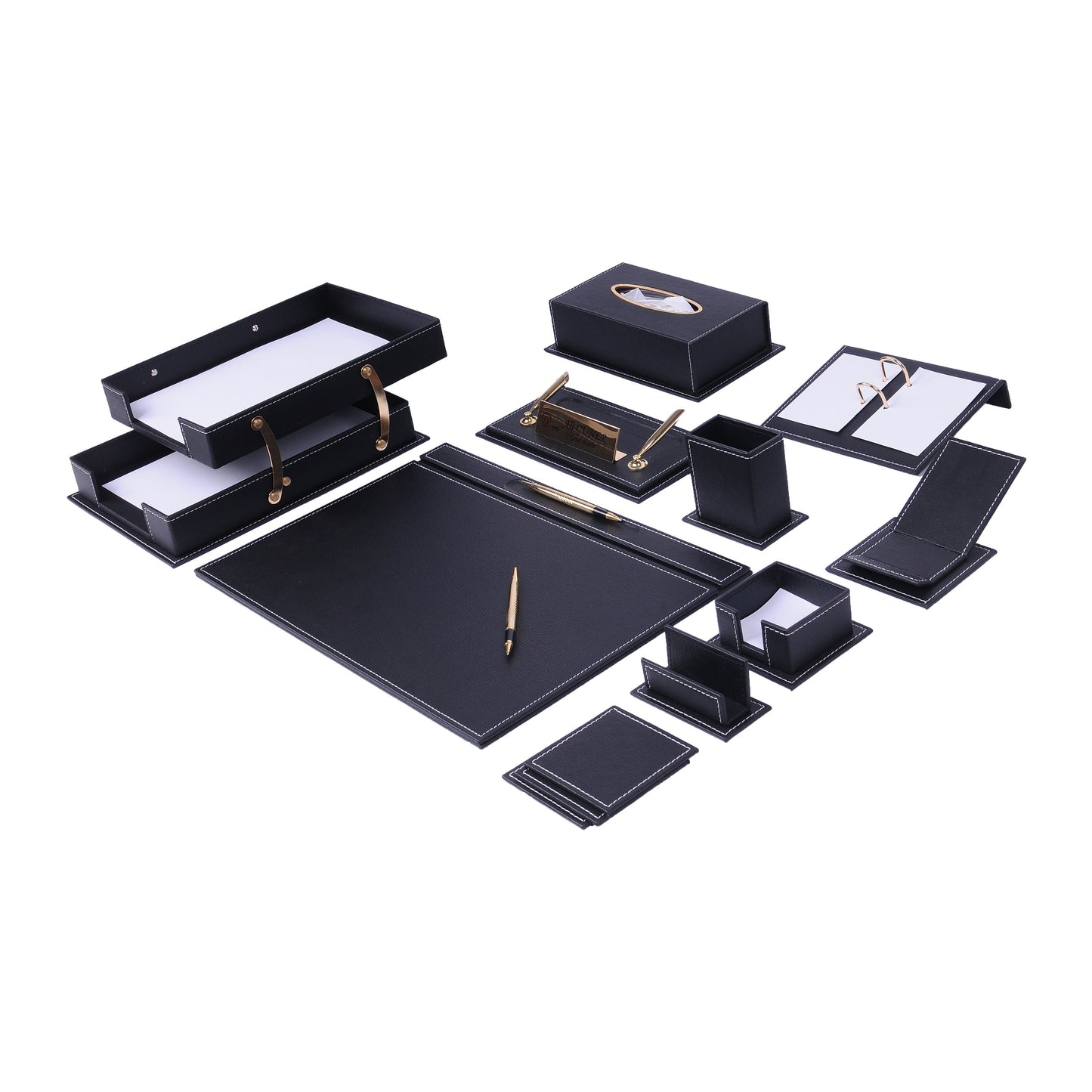 VEGA Leather Desk Set - 14 Accessories - Black