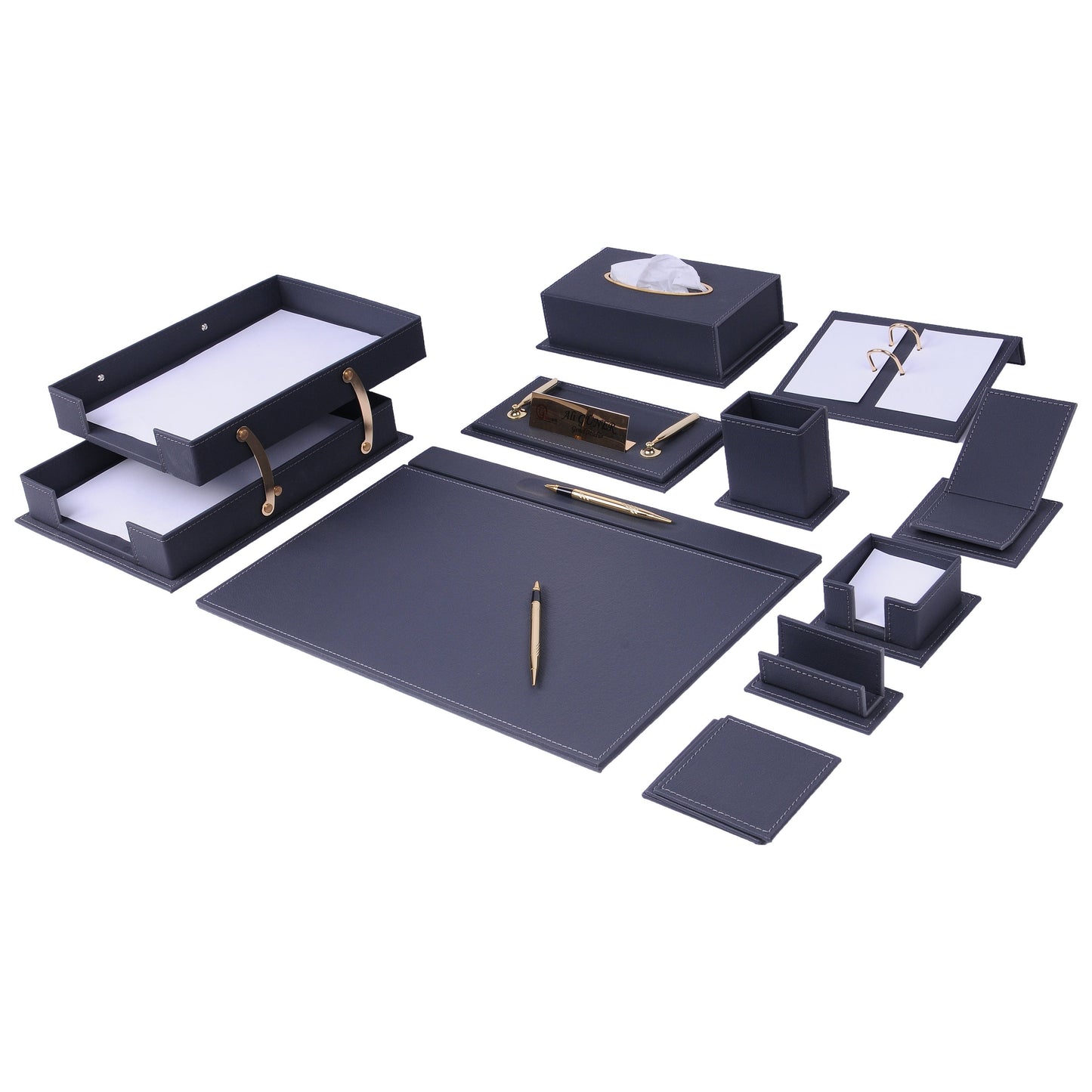 VEGA Leather Desk Set - 14 Accessories - Black